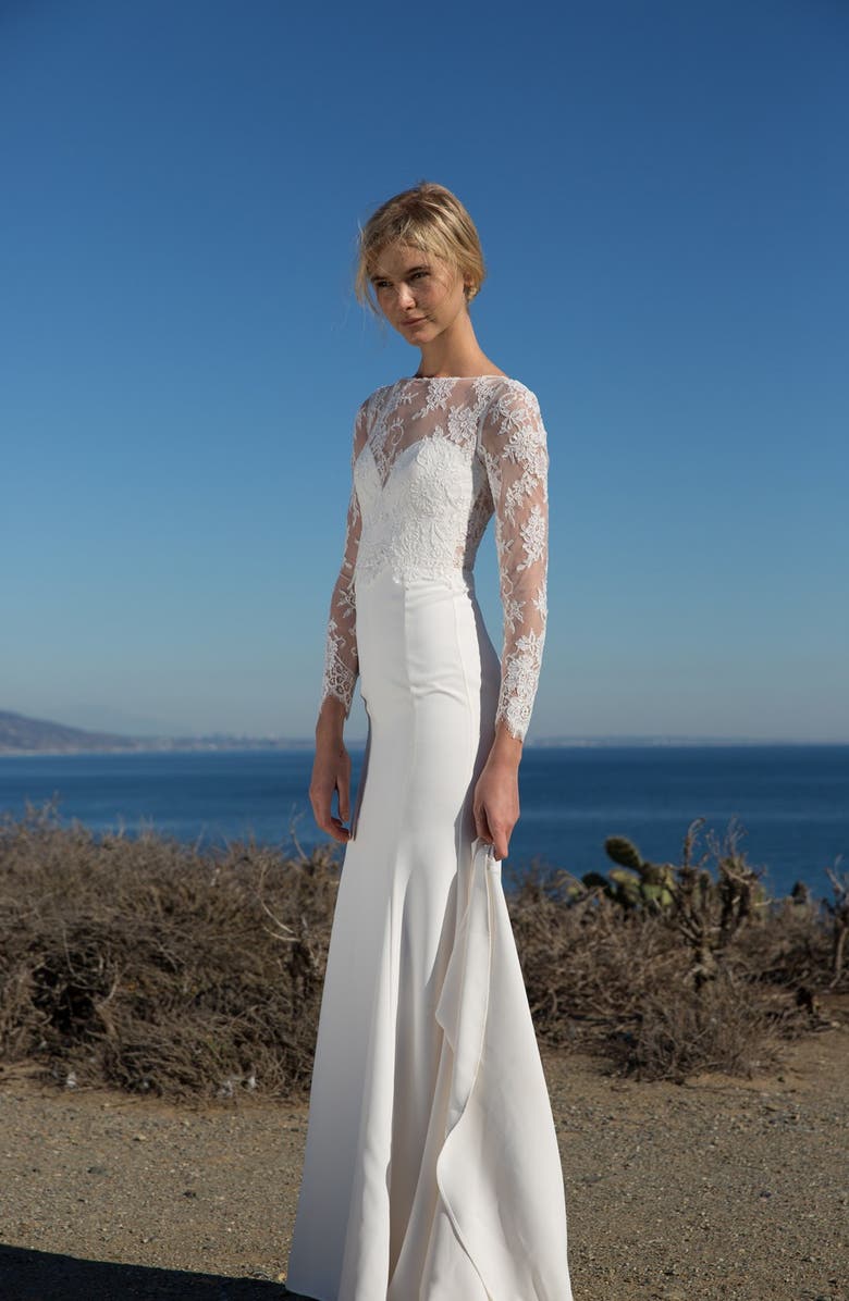 nouvelle AMSALE Noelle Long Sleeve Lace & Crepe Gown, Alternate, color,