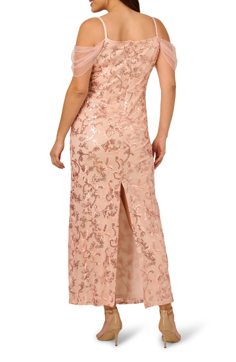 Adrianna Papell Embroidered Sequin Cold Shoulder Gown, Alternate, color, Rose Gold
