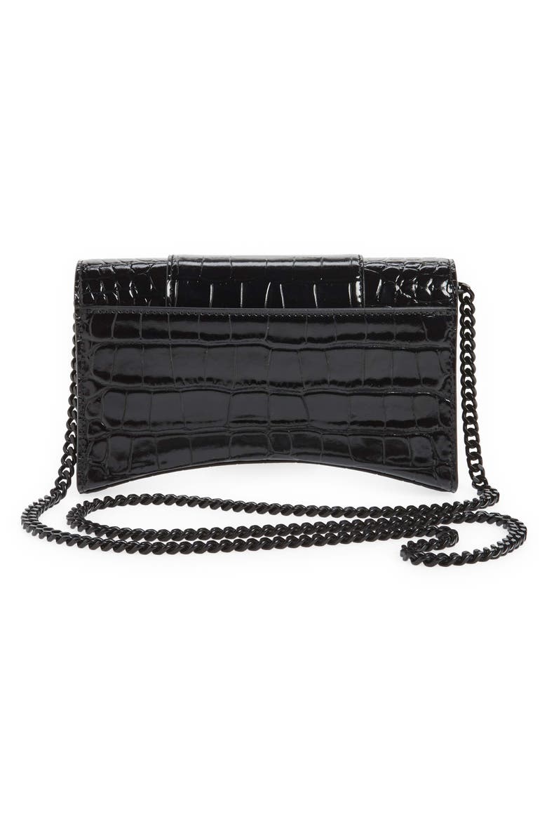 Hourglass Croc Embossed Leather Wallet on a Chain, Alternate, color, BLACK