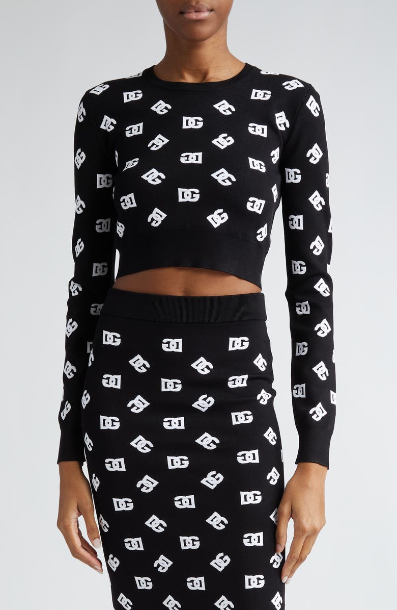 Dolce&Gabbana Logo Jacquard Crop Crewneck Sweater, Main, color, N0004nero/ Bianco