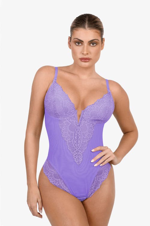 Shop Popilush Shapewear Lace Deep V-neck Sculpting Thong Bodysuit In Wisteria