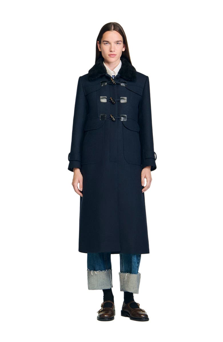 SANDRO Coat with removable shearling collar, Main, color, Navy Blue