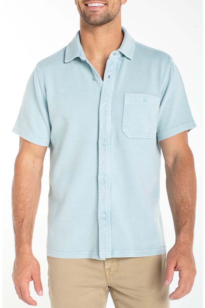 Short Sleeve Piqué Knit Button-Up Shirt, Main, color, BLUE AURA