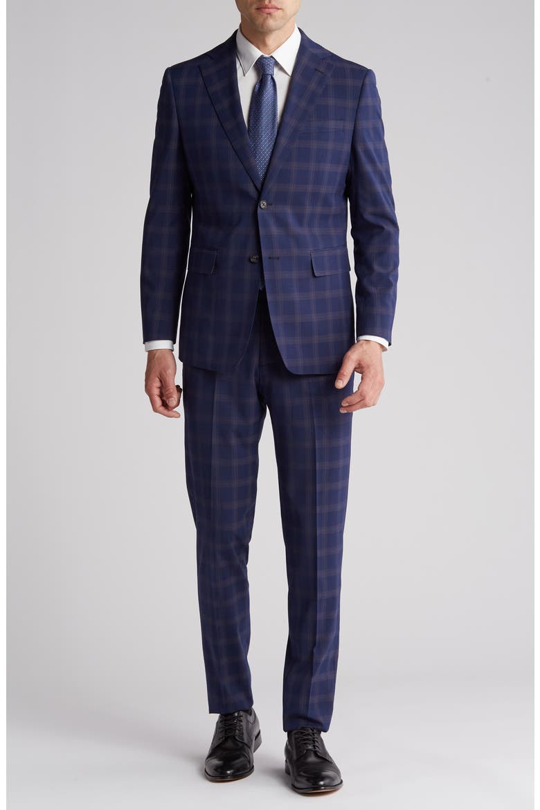 Plaid Trim Fit Notch Lapel Two-Piece Suit, Main, color, NAVY