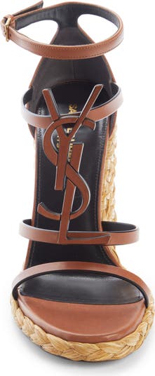 Cassandra YSL Logo Raffia Wedge Sandal
