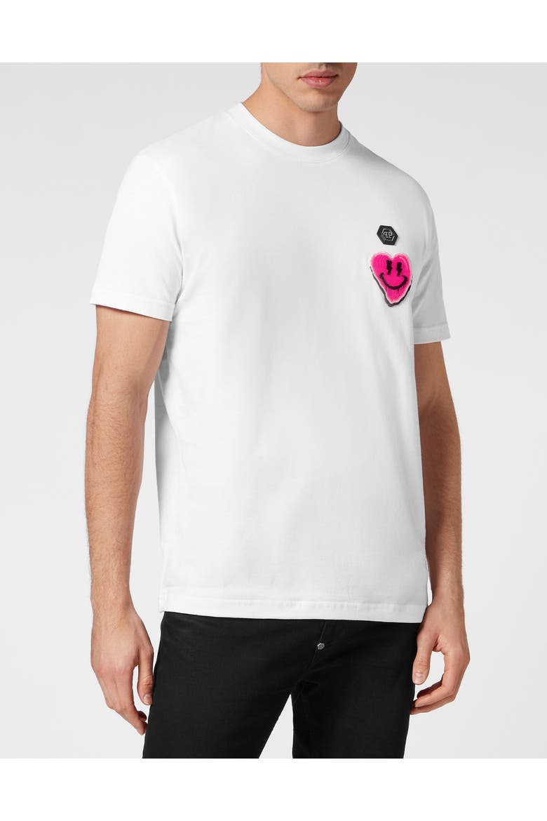 T-Shirt Round Neck Ss Smile Men, Main, color, White/fuxiafluo