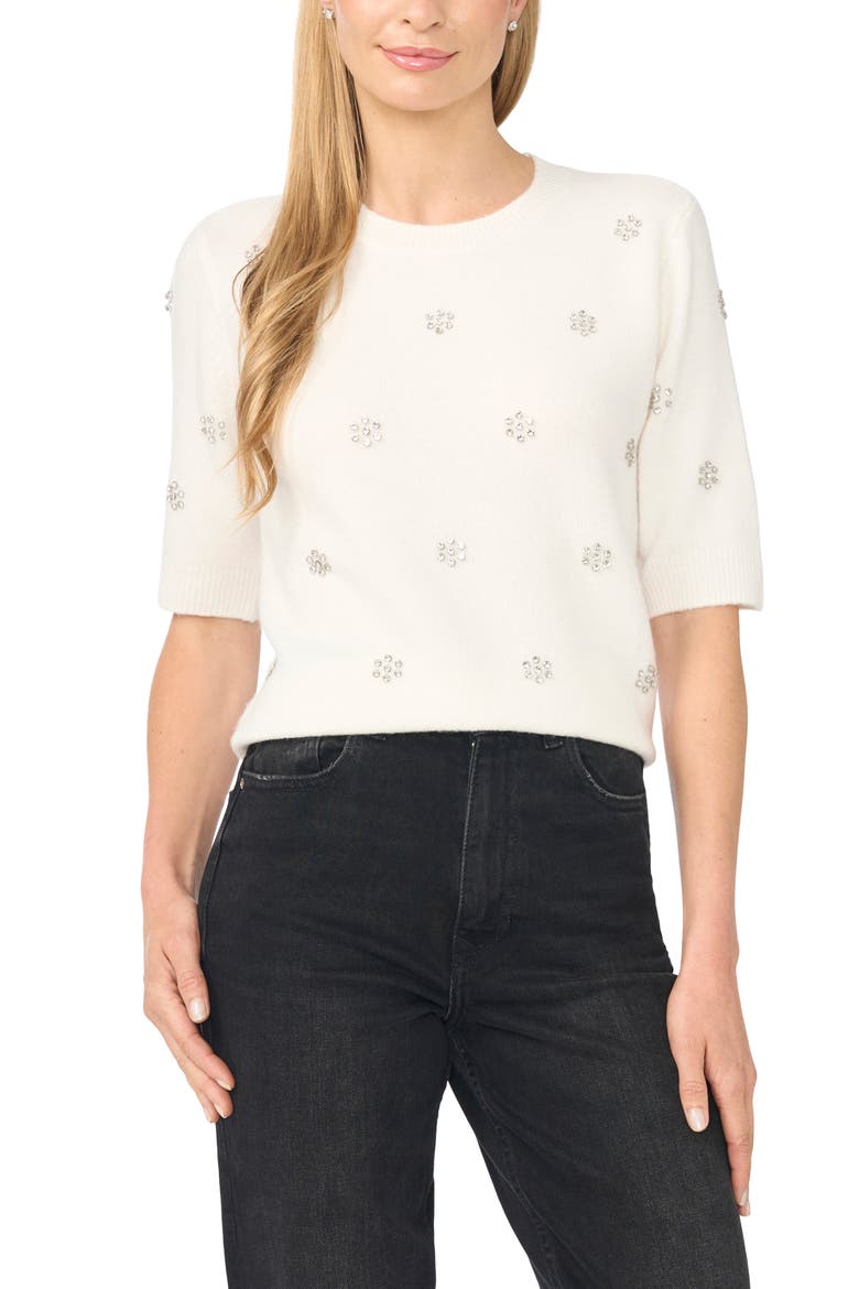 Jewel Elbow Sleeve Sweater, Main, color, ANTIQUE WHITE