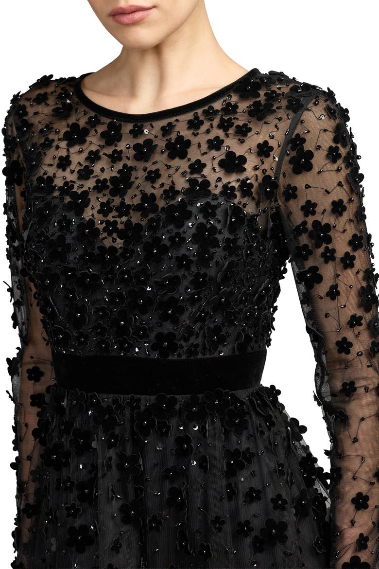 Floral Applique Beaded Tulle Evening Gown, Alternate, color, Black