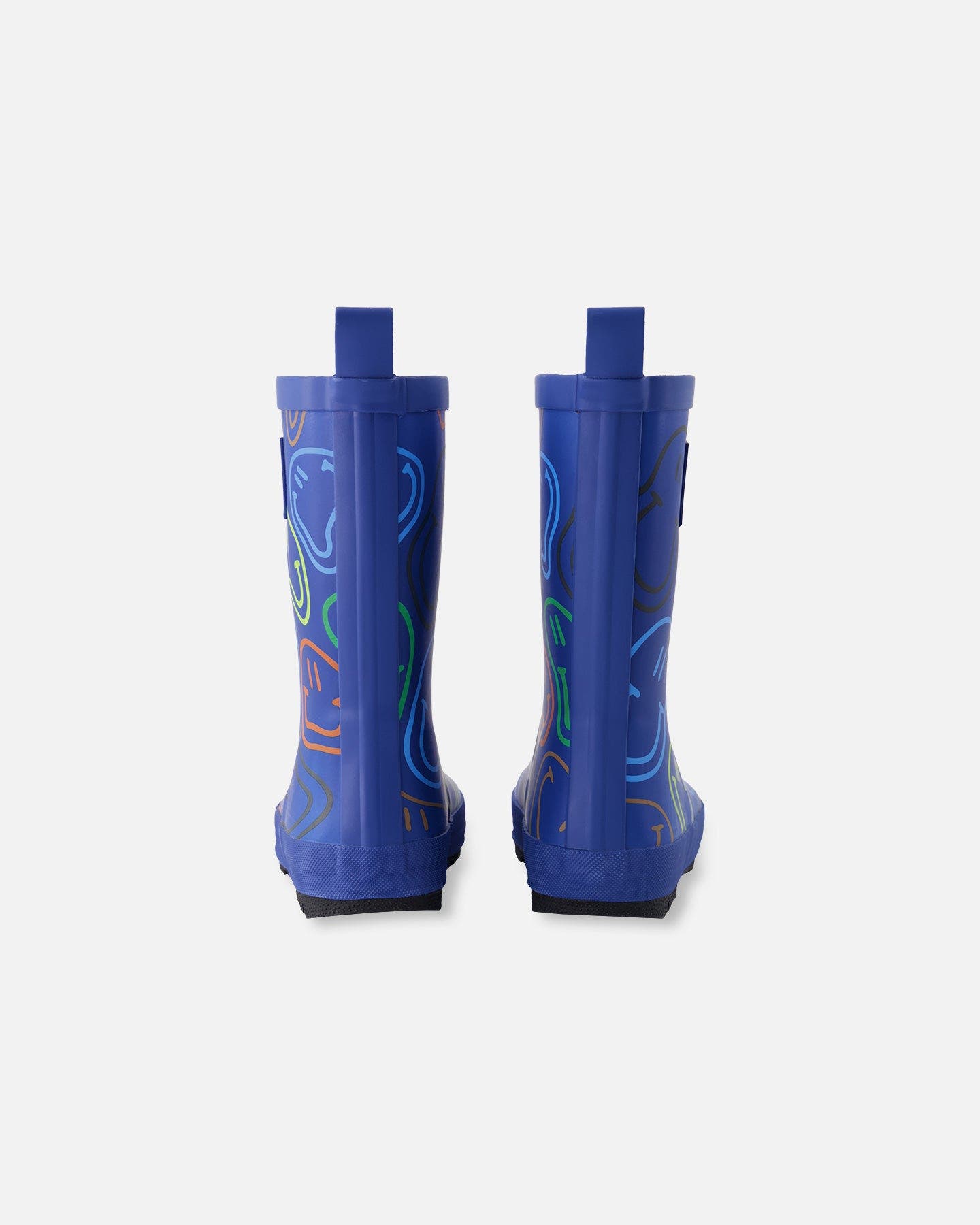 Deux par Deux Waterproof Smiley Rain Boots in Natural Rubber, Alternate, color, Blue Printed Smiley