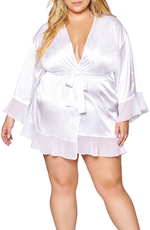 Satin & Chiffon Bralette, Robe & Thong Set (Plus)