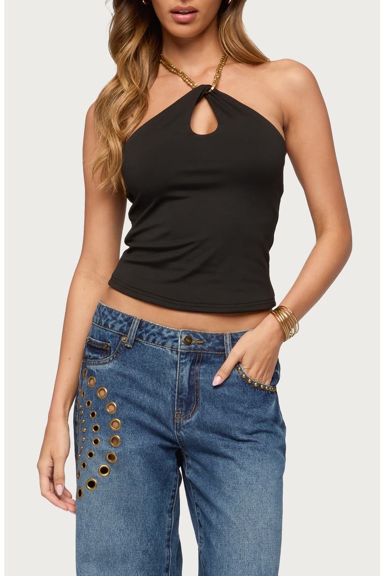 Beaded Strap Keyhole Halter Top, Main, color, BLACK