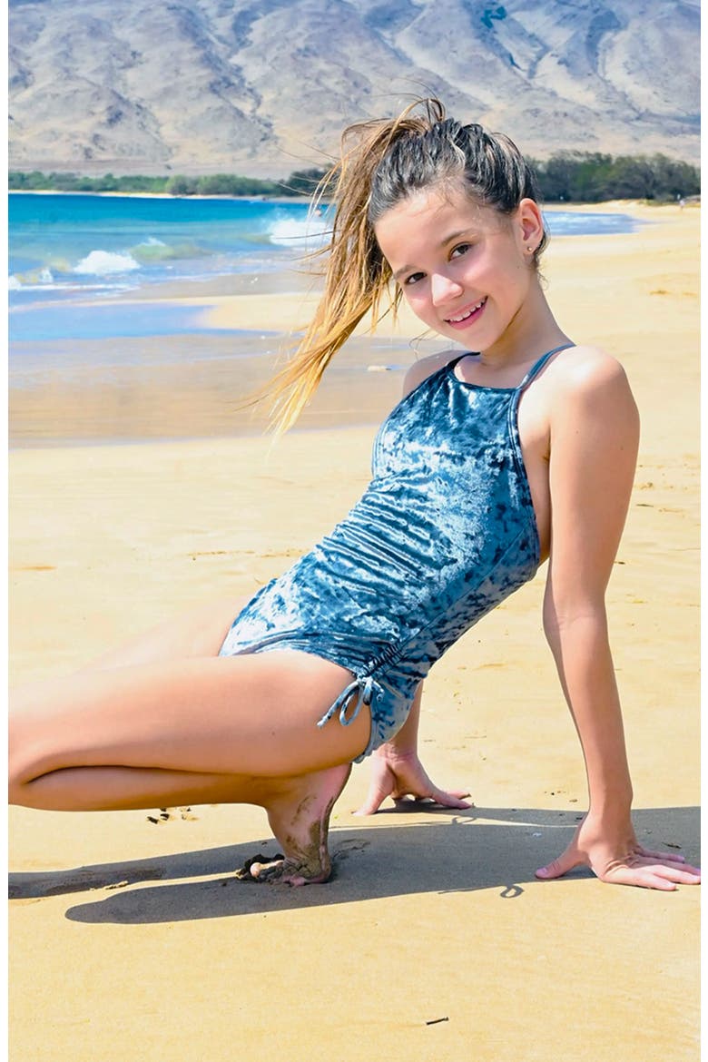 Velour Gathered One Piece Swimsuit, Alternate, color, Slate
