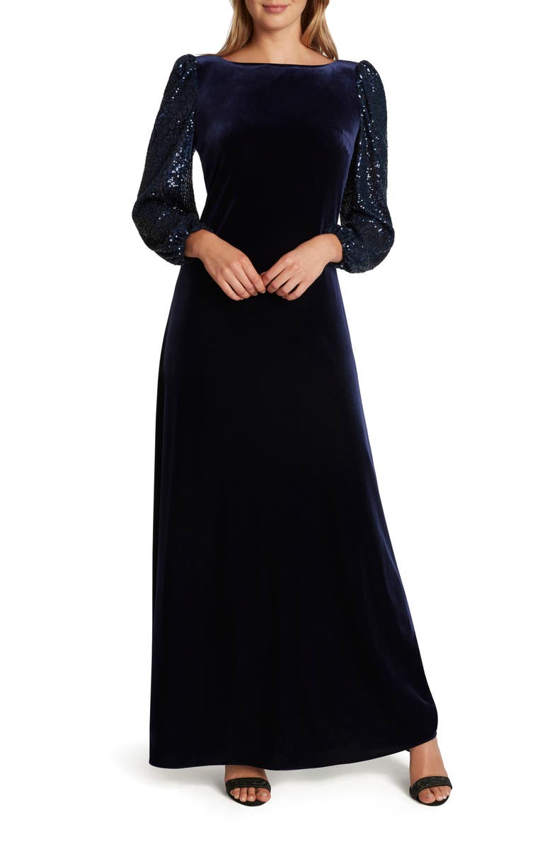 Tahari Sequin Long Sleeve Velvet Gown, Main, color, 