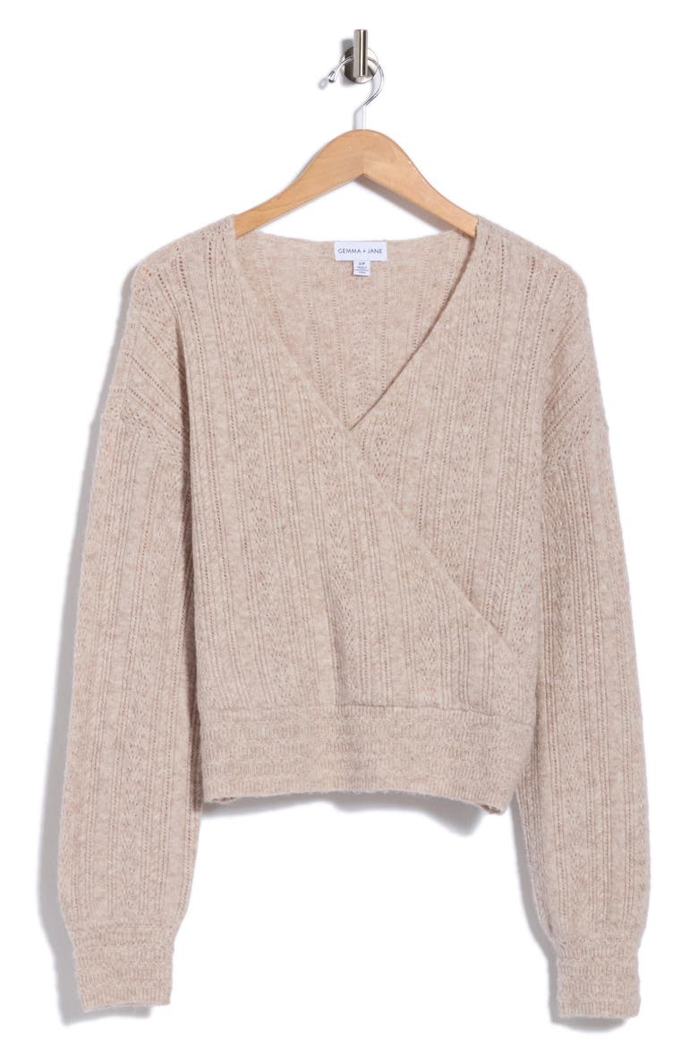 Faux Wrap Pointelle Sweater, Alternate, color, TAUPE