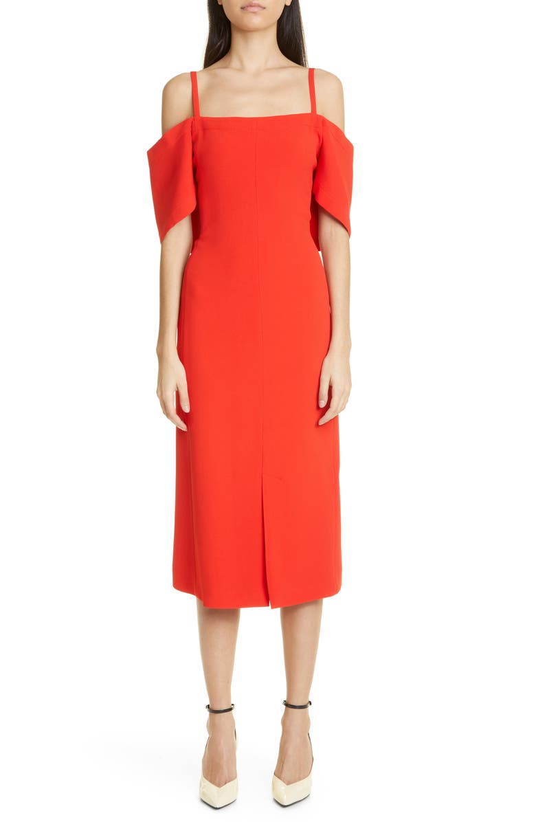 Victoria Beckham Cold Shoulder Bandeau Fluid Cady Midi Dress, Main, color, 