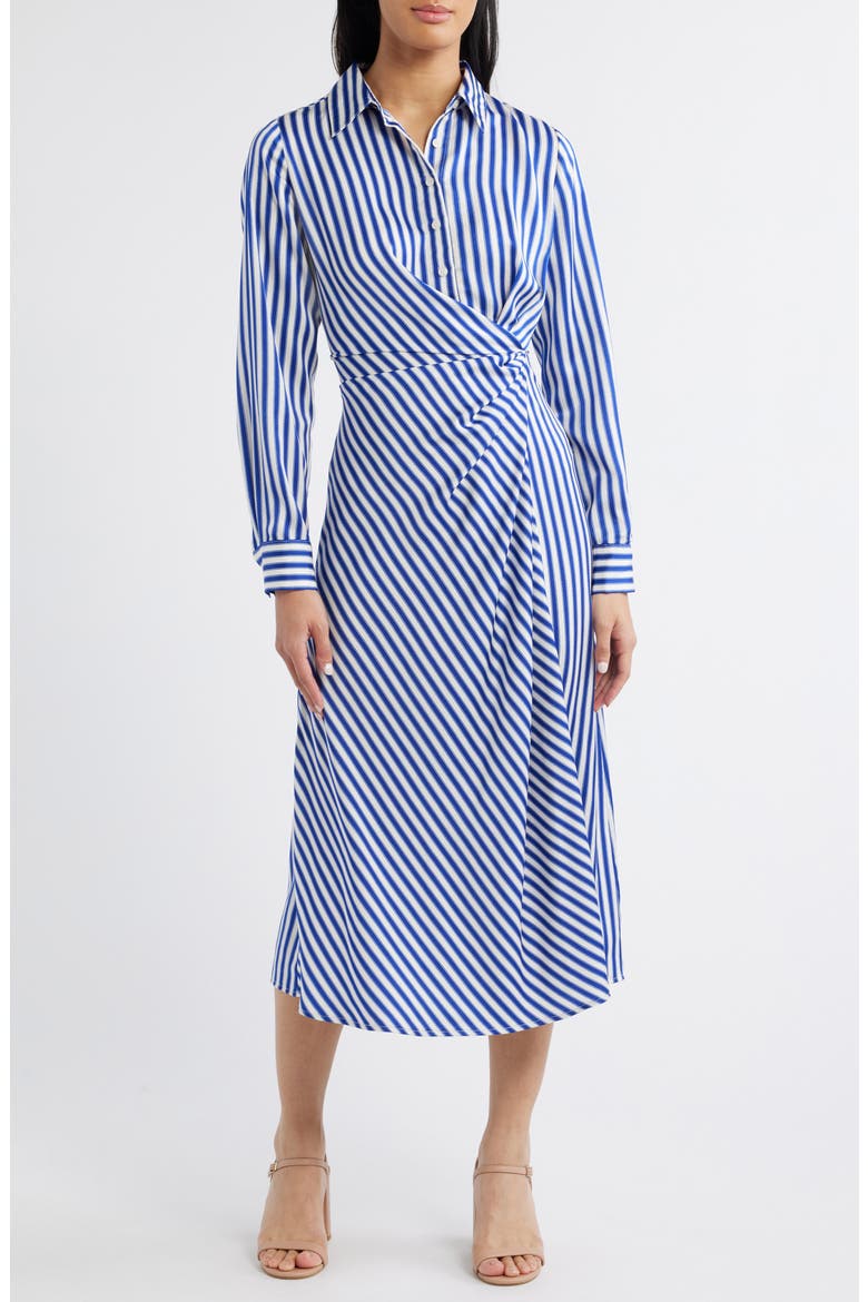 Stripe Wrap Waist Long Sleeve Midi Shirtdress, Main, color, IVORY/ BLUE