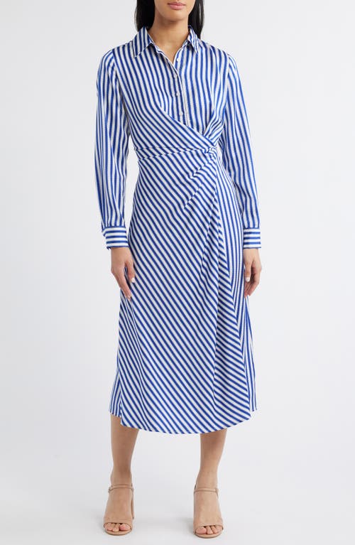 Zoe And Claire Stripe Wrap Waist Long Sleeve Midi Shirtdress In Ivory/blue