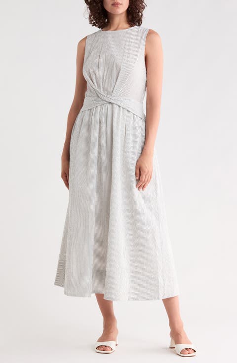 Striped Seersucker Twist Detail Midi Dress