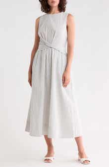 Striped Seersucker Twist Detail Midi Dress