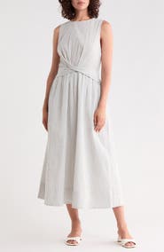Ellen Tracy Striped Seersucker Twist Detail Midi Dress