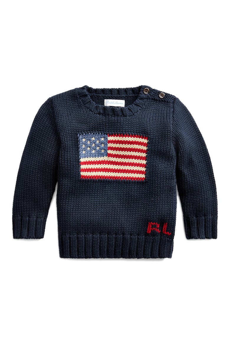 American Flag Cotton Crewneck Sweater, Main, color, HUNTER NAVY