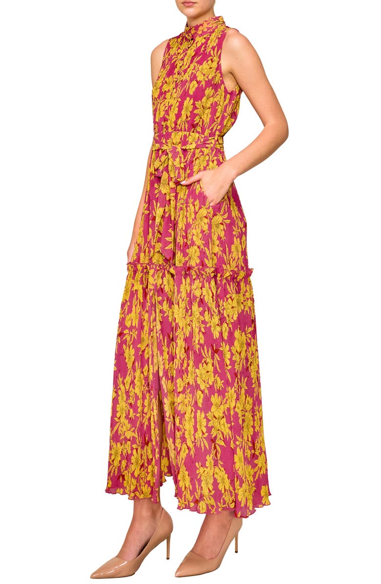 MELLODAY Floral Plissé Maxi Dress, Alternate, color, Magenta Gold Print
