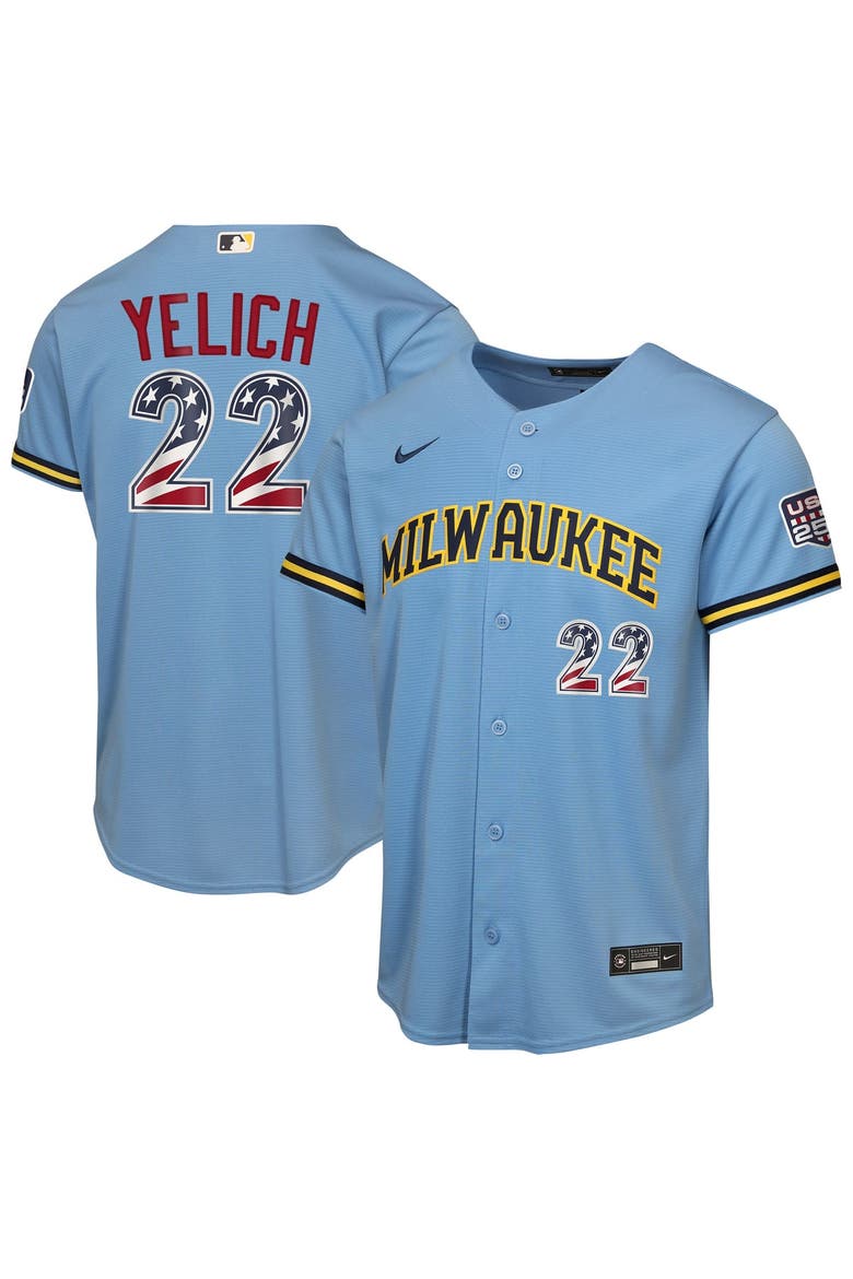 Youth Nike Christian Yelich Light Blue Milwaukee Brewers USA 250 Fourth of July Road Replica Jersey, Main, color, Light Blue
