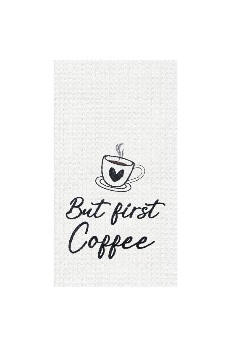 But First Coffee Embroidered Cotton Waffle Weave Kitchen Towel, Main, color, Black