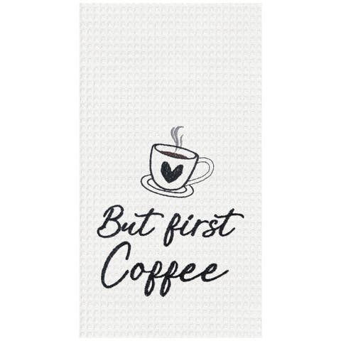 But First Coffee Embroidered Cotton Waffle Weave Kitchen Towel