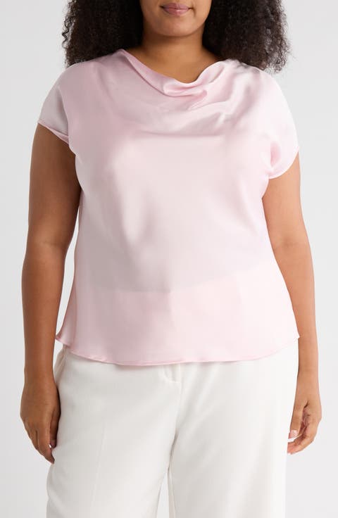 Cowl Neck Short Sleeve Satin Top (Plus)