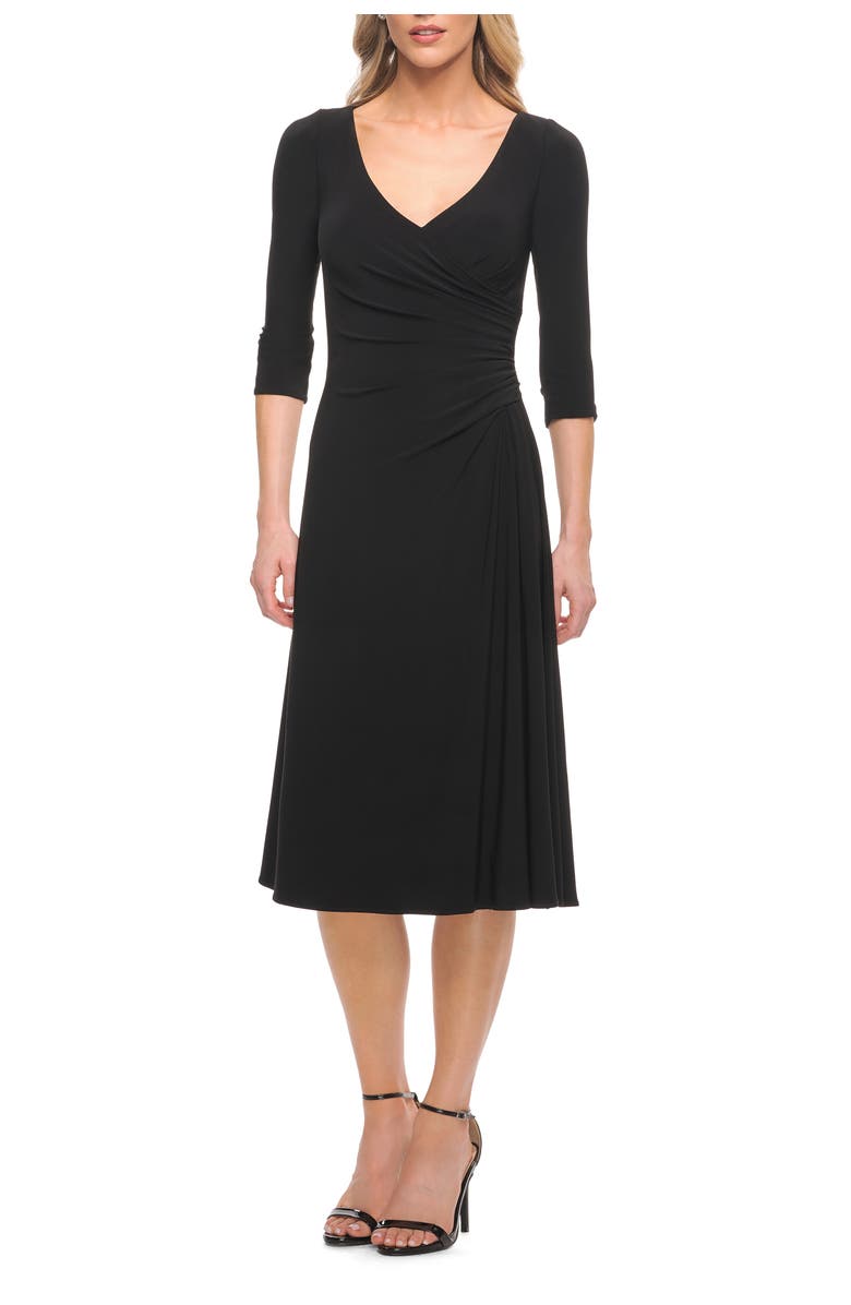 La Femme Chic Tea Length Jersey Dress with Ruching, Main, color, Black