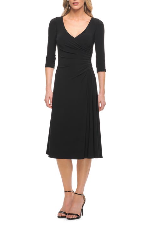 Chic Tea Length Jersey Dress with Ruching