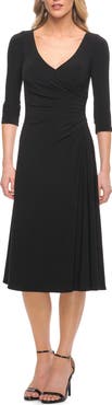 La Femme Chic Tea Length Jersey Dress with Ruching