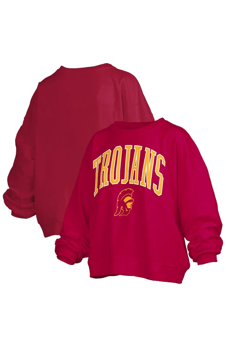 PRESSBOX Women's Pressbox Cardinal USC Trojans Janise Arch Over Logo Waist Length Oversized Pullover Sweatshirt, Main, color, Cardinal