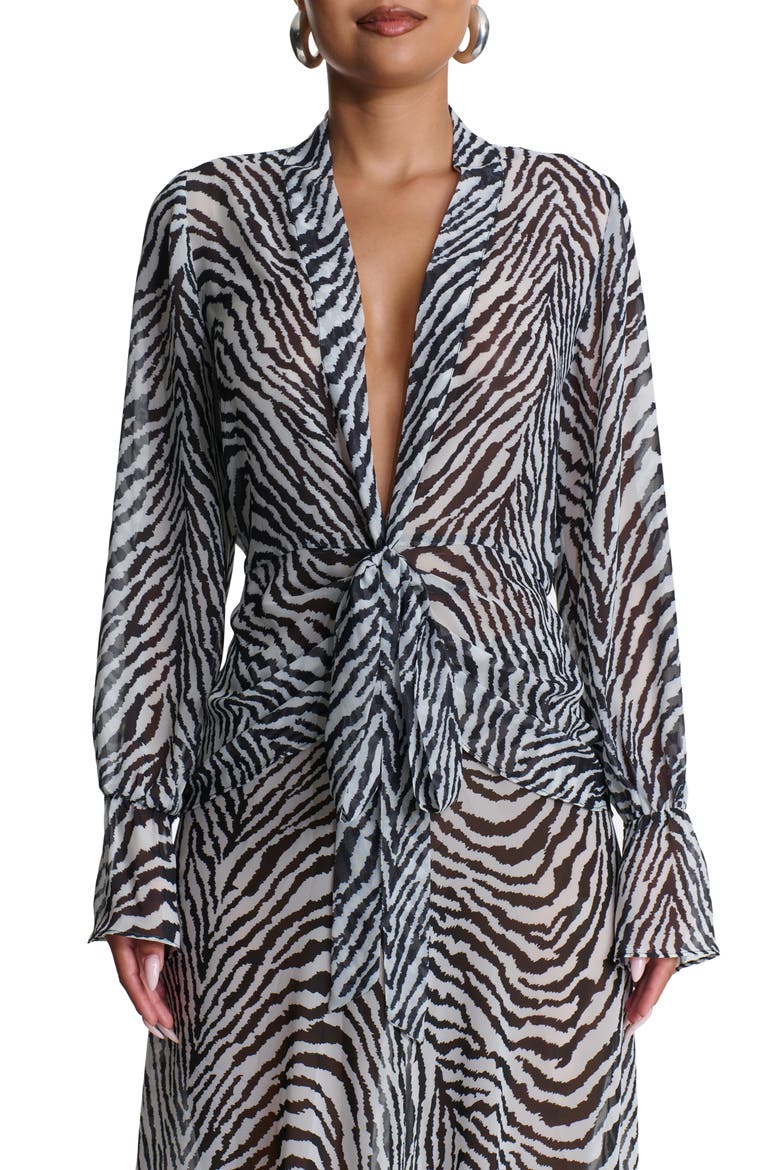 Plunge Tie Front Chiffon Top, Main, color, ZEBRA WHITE/ BLACK