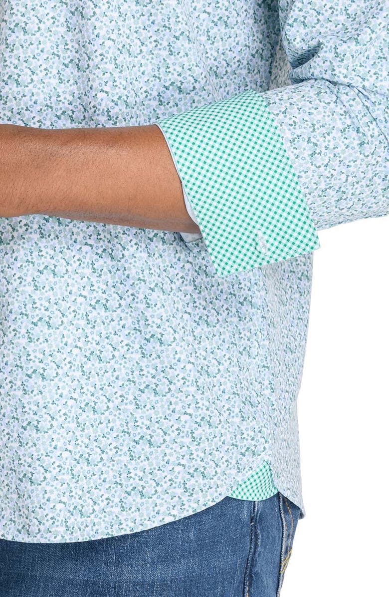 CONSTRUCT Slim Fit Floral Wreath Recycled 4-Way Stretch Performance Long Sleeve Shirt, Alternate, color, White/Green