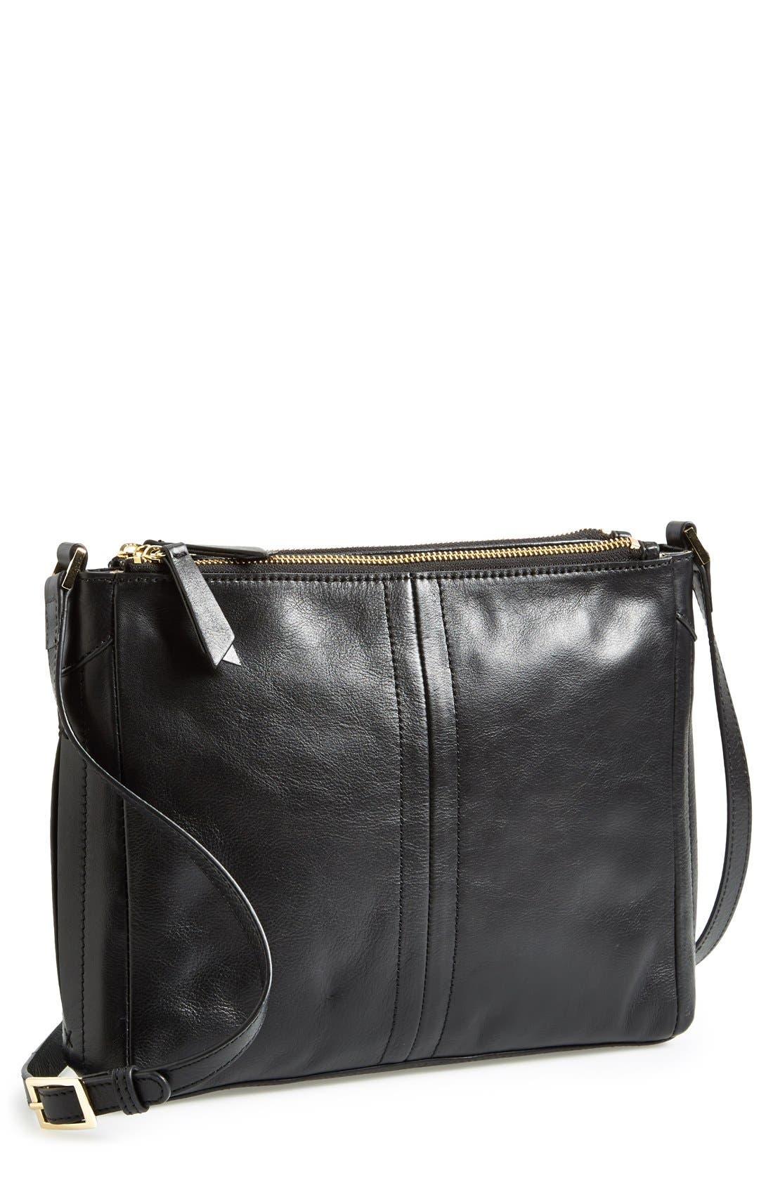 Leather Crossbody Bag, Main, color, BLACK