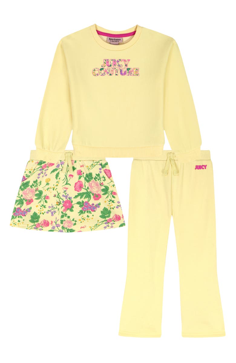 Juicy Couture Logo Sweatshirt, Skirt & Flare Leggings Set, Main, color, Yellow Multi