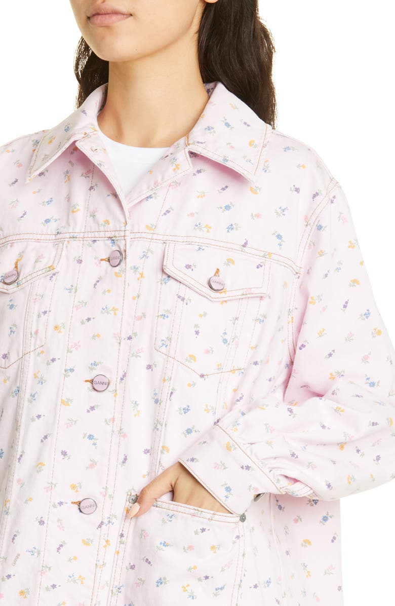 Ganni Floral Oversize Organic Cotton Denim Trucker Jacket, Alternate, color, 