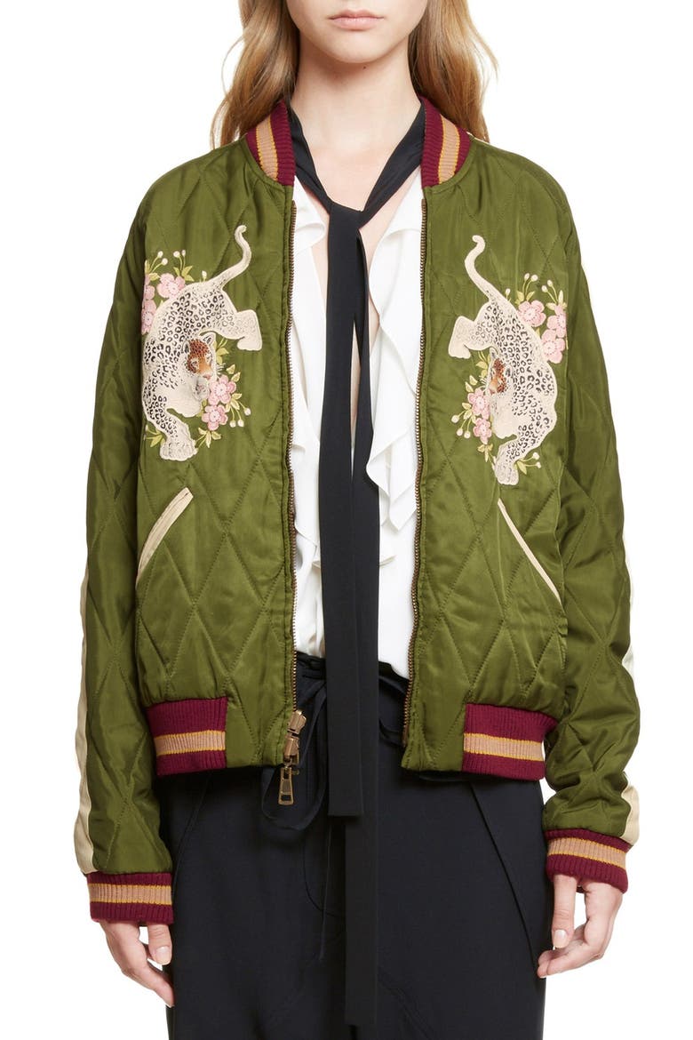 Reversible Embroidered Tech Satin Bomber Jacket, Main, color, DEEP GREEN
