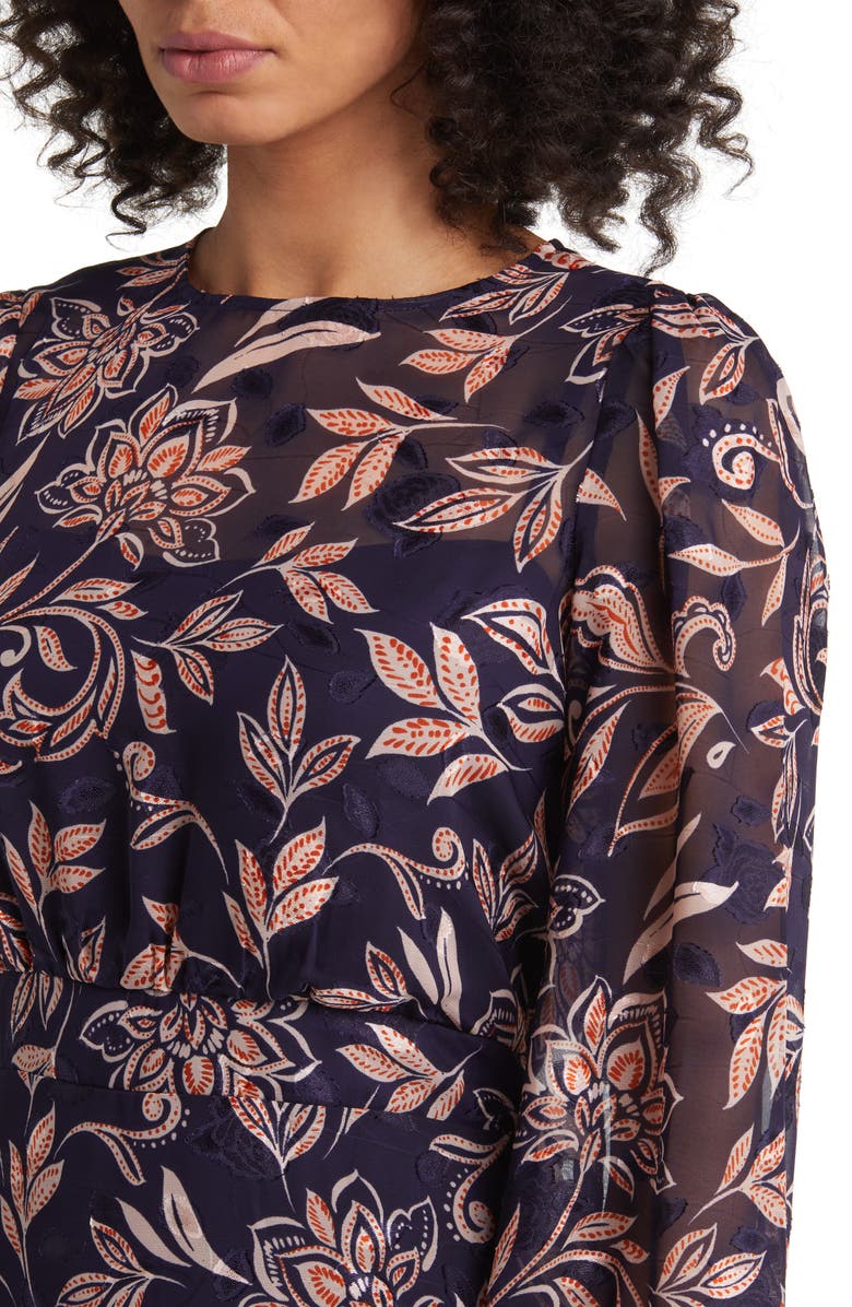 Eliza J Floral Long Sleeve Tiered Chiffon Dress, Alternate, color, Nvy