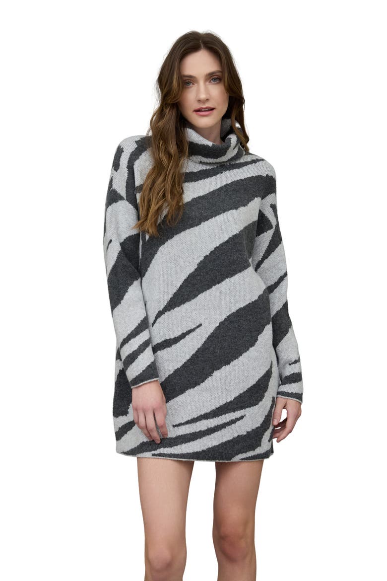 Zebra Stripe Long Sleeve Turtleneck Sweater Dress, Alternate, color, GREY