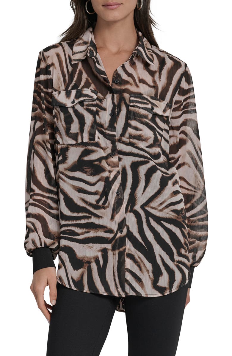 DKNY Floral Print Long Sleeve Chiffon Shirt, Main, color, Blurred Zebra