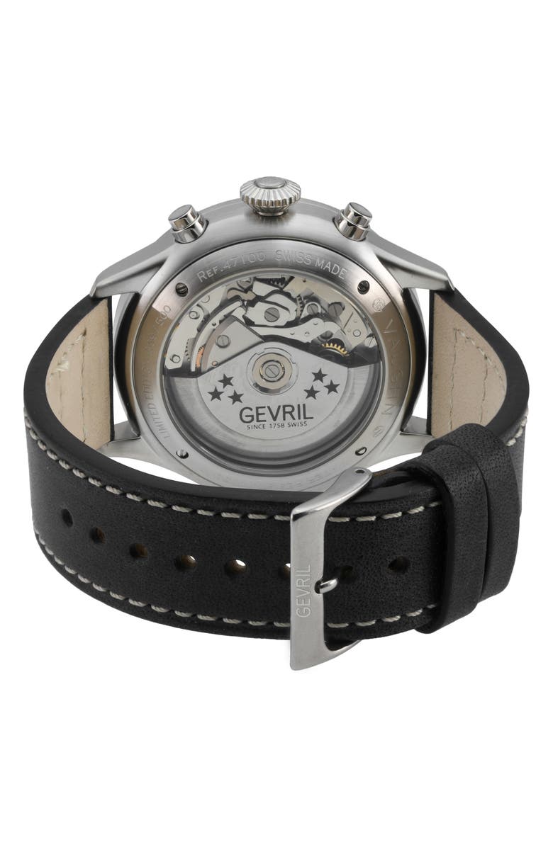 GEVRIL Vaughn Automatic Chronograph Leather Strap Watch, 44mm, Alternate, color, 