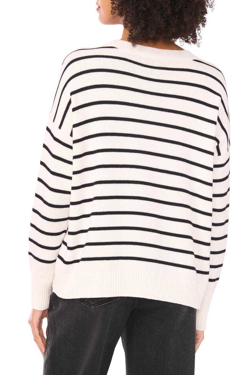 CeCe Stripe Heart Cotton Sweater, Alternate, color, Antique White