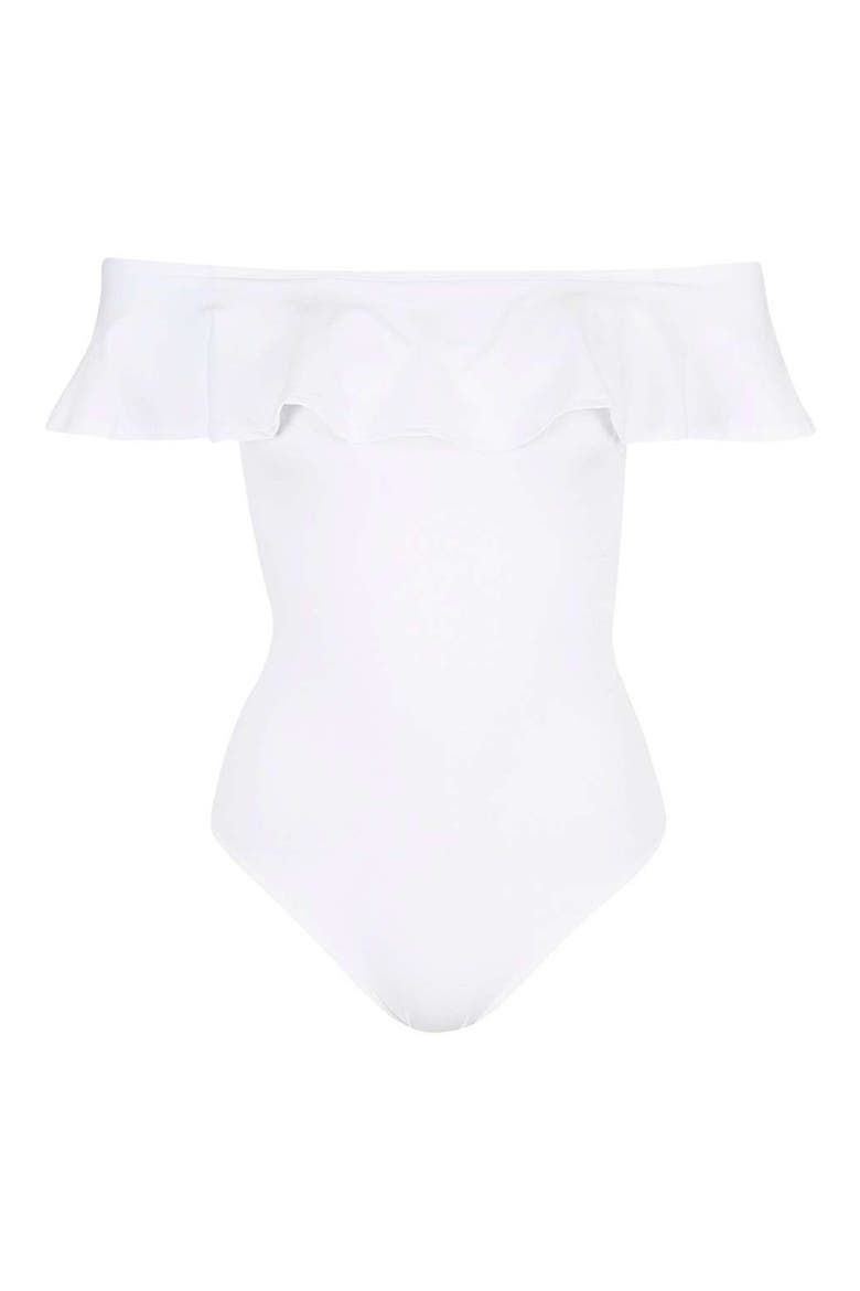 Ruffle Off the Shoulder Bodysuit, Alternate, color, WHITE