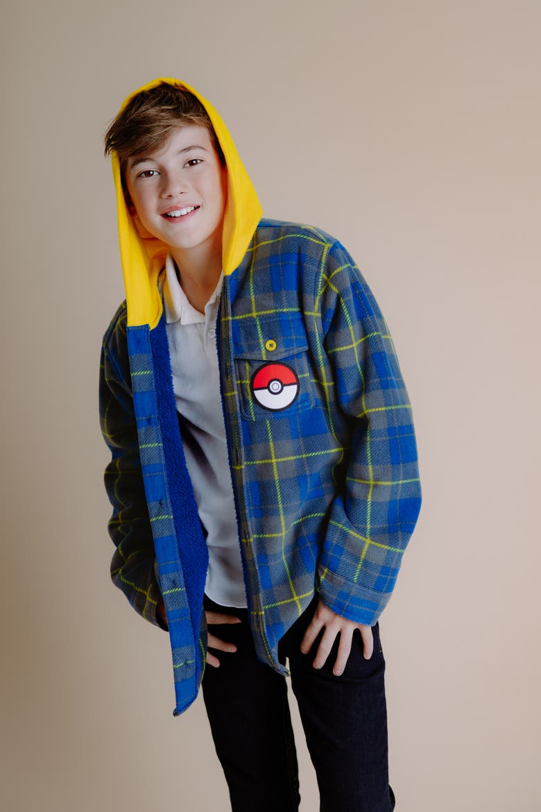 Pikachu Hooded Fleece Shacket, Alternate, color, Navy Yellow Pikachu