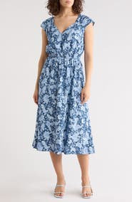 Lucky Brand Floral Cap Sleeve Midi Dress