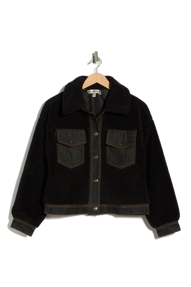 Denim Trim Faux Shearling Shacket, Alternate, color, BLACK