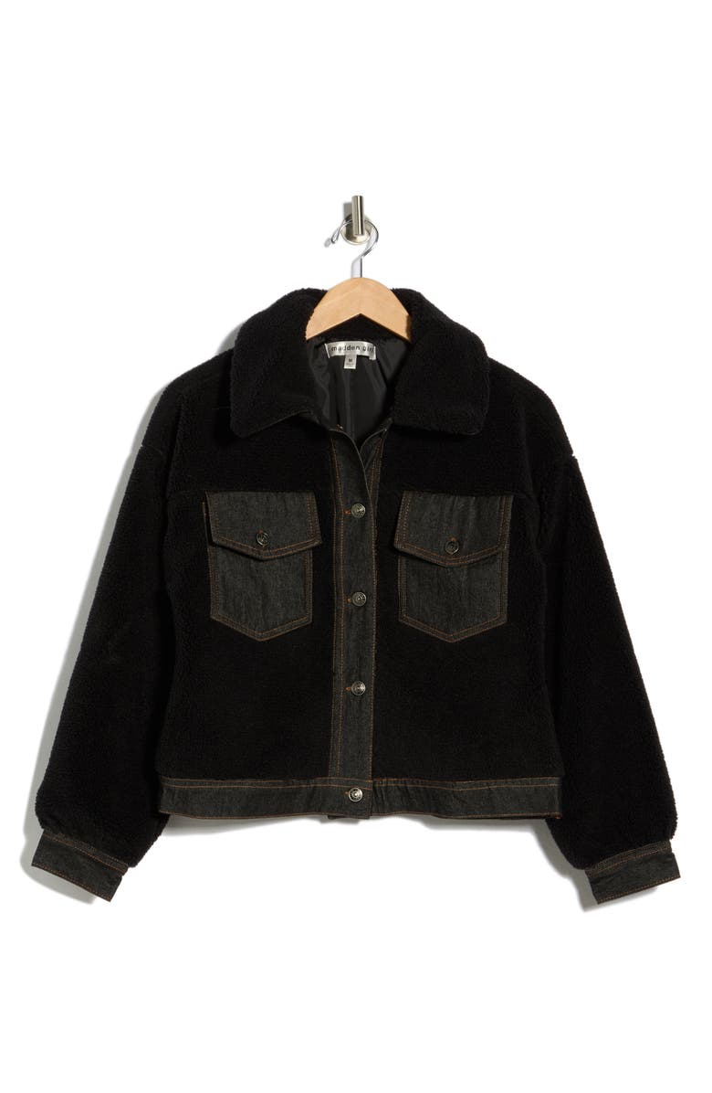 Madden Girl Denim Trim Faux Shearling Shacket, Main, color, Black